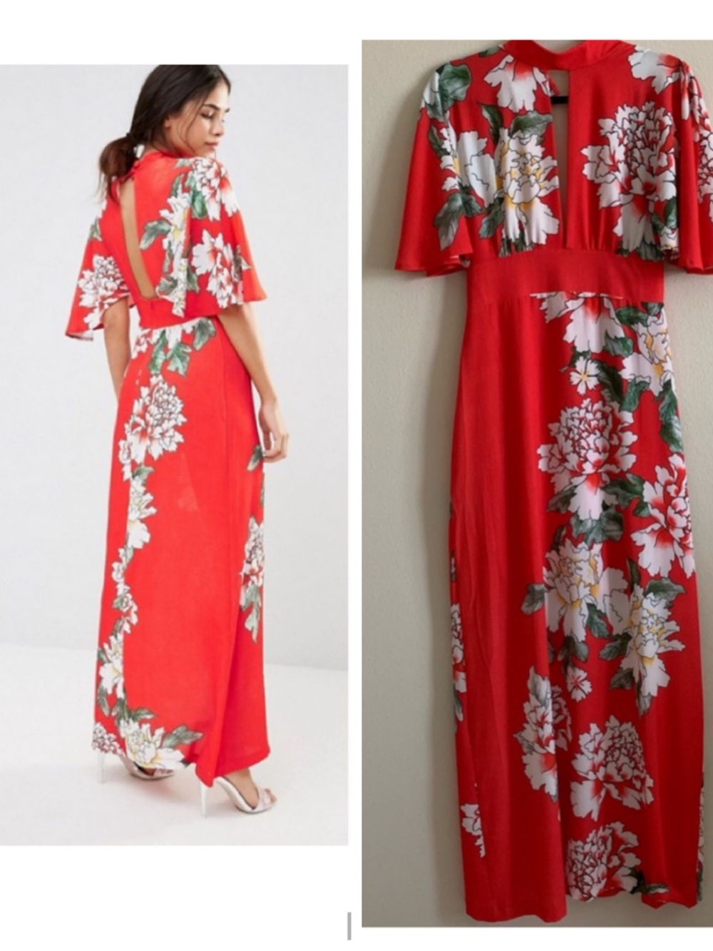 Red Floral Maxi Dress with Flutter Cape Sleeves